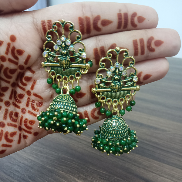 Oxidized Silver Jhumka Earrings – Grass Green, Laxmi Ji Motif