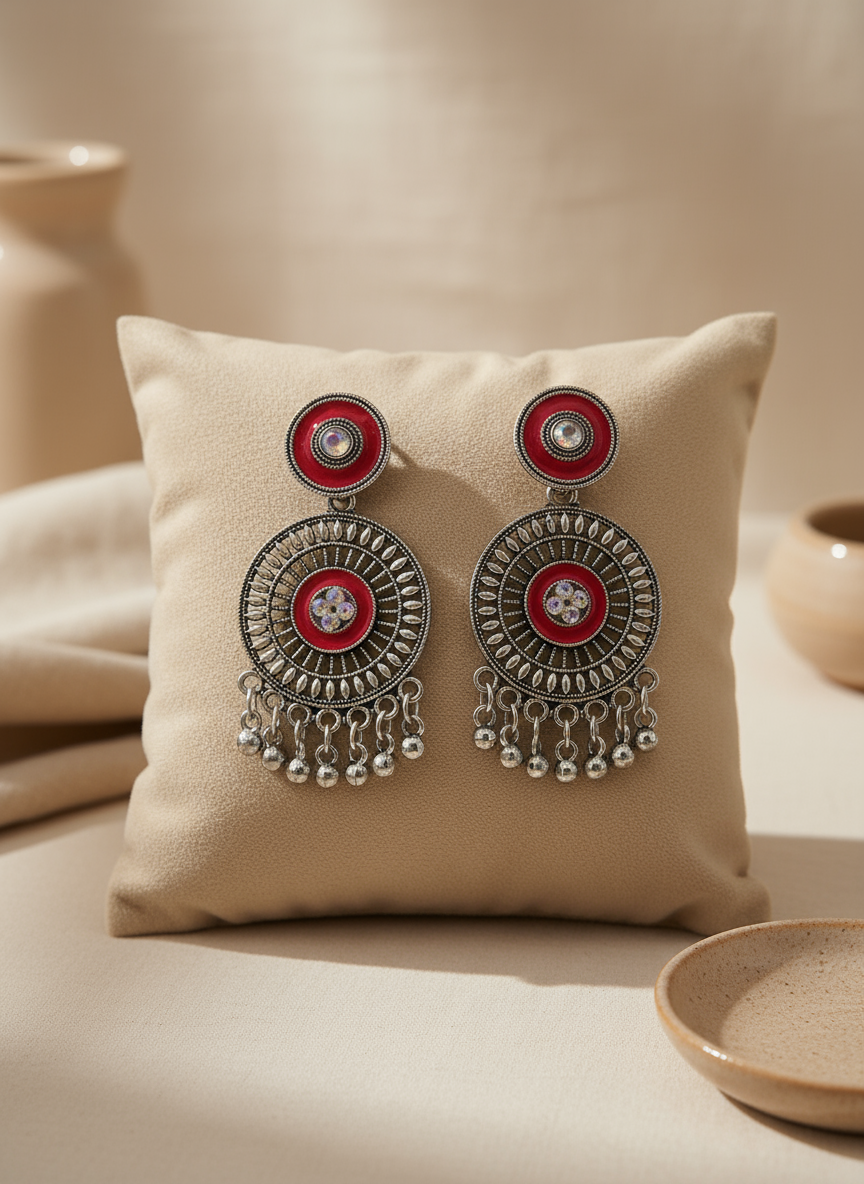 Oxidized Silver Ethnic Circle Earrings with Red Enamel & Ghungru Drops