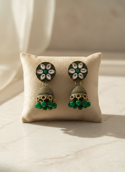 Antique Gold Jhumka Earrings – Emerald Green