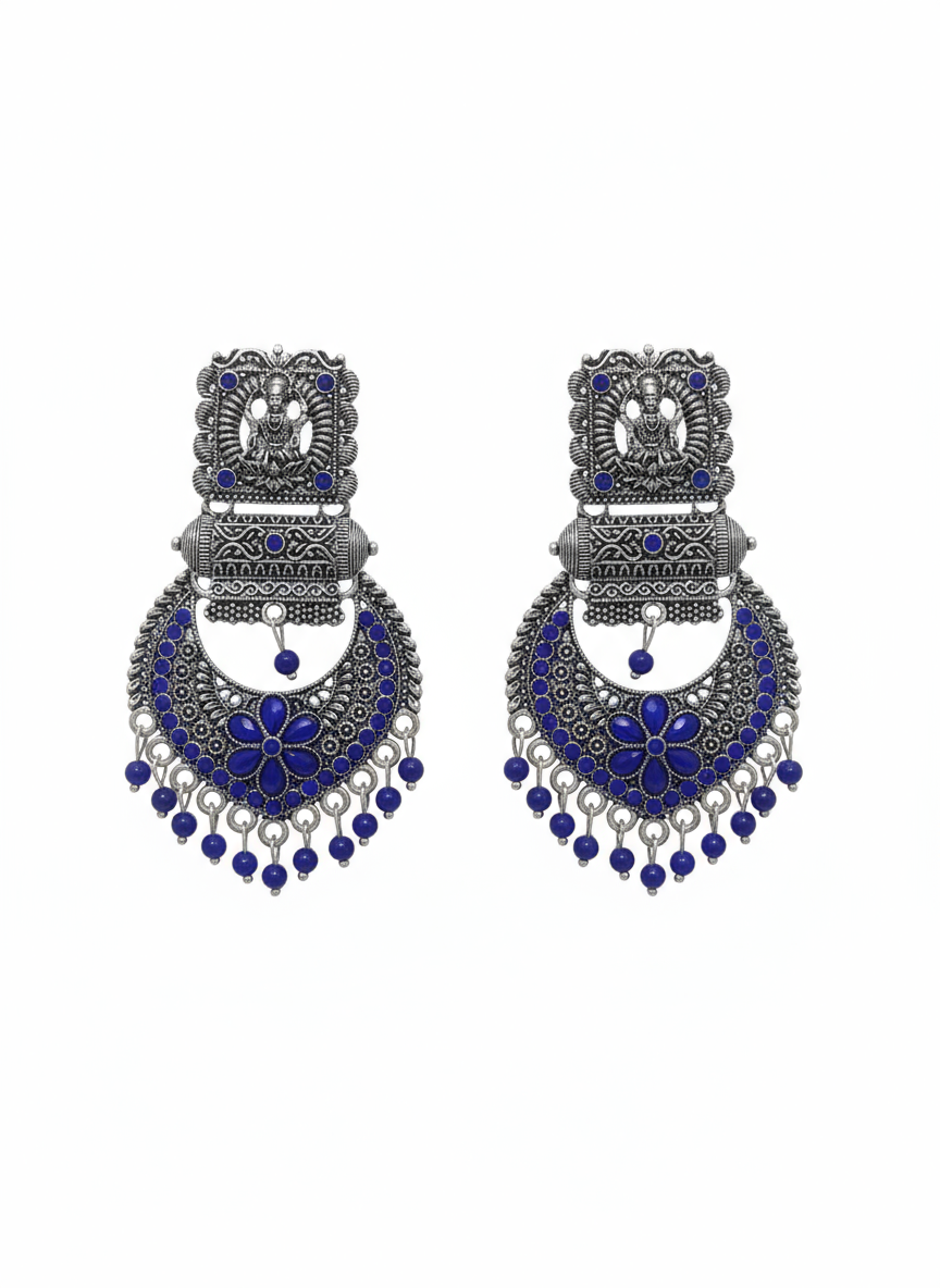 Oxidized Silver Jhumka Earrings – Sapphire Blue, Laxmi Ji Motif