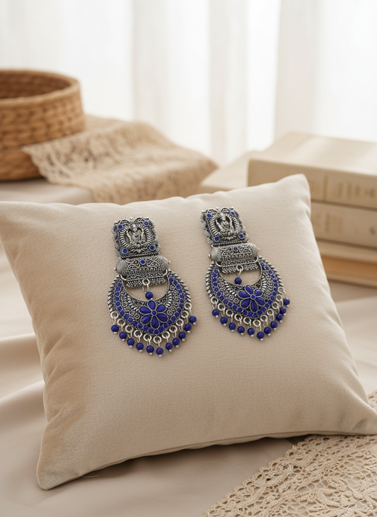 Oxidized Silver Jhumka Earrings – Sapphire Blue, Laxmi Ji Motif