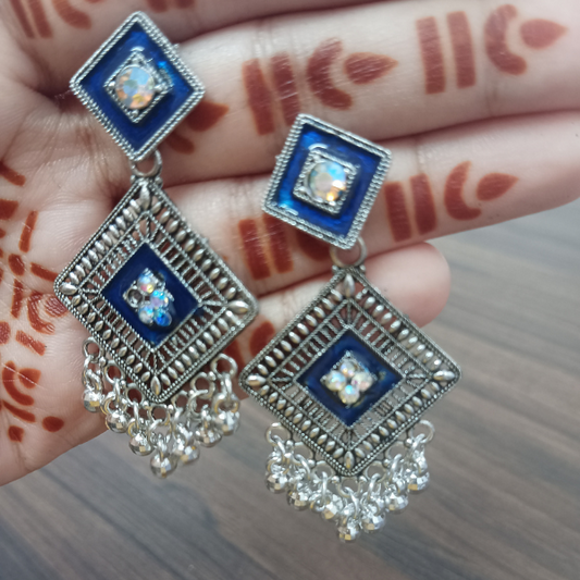 Deep Blue Oxidized Geometric Dangler Earrings – Elegant Ethnic Statement Jewelry for Women 2025