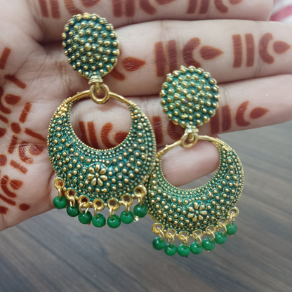 Grass Green & Gold Oxidized Crescent Chandbali Earrings – Elegant Ethnic Statement Jewelry for Women 2025