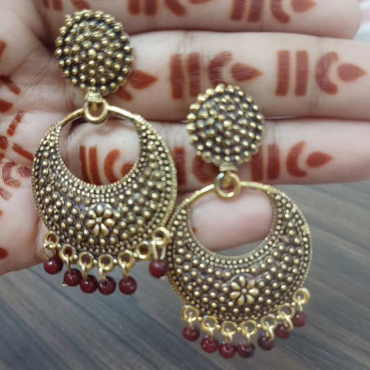 Burgundy & Gold Oxidized Crescent Chandbali Earrings – Festive Ethnic Statement Jewelry for Women 2025