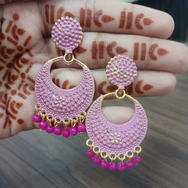 Hot Pink & Gold Oxidized Crescent Chandbali Earrings – Festive Ethnic Statement Jewelry for Women 2025