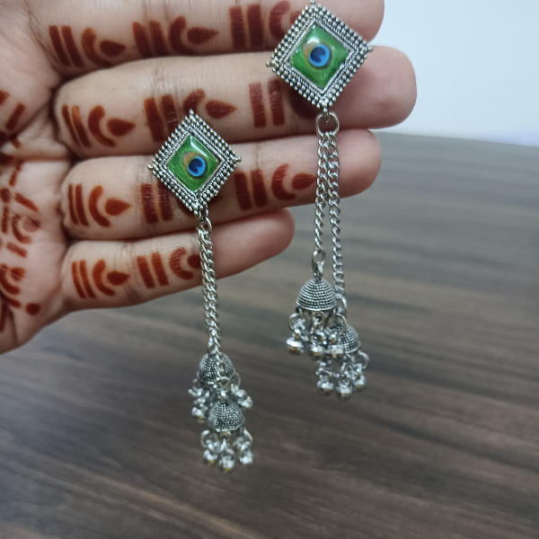 Oxidized Silver Jhumka Earrings – Peacock Green