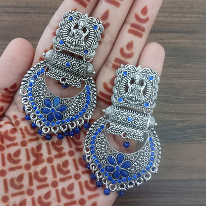 Oxidized Silver Jhumka Earrings – Sapphire Blue, Laxmi Ji Motif