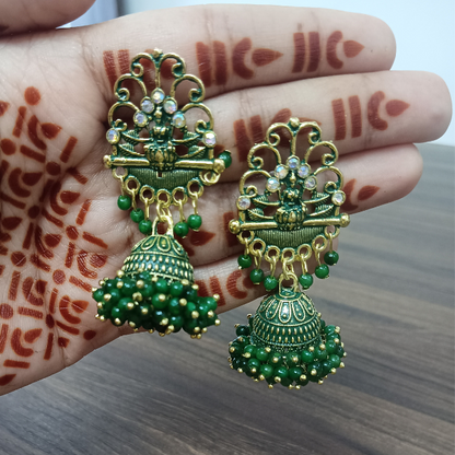 Oxidized Silver Jhumka Earrings – Grass Green, Laxmi Ji Motif