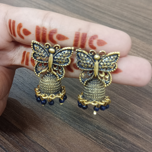 Oxidized Gold Butterfly Jhumka Earrings with Blue Beads