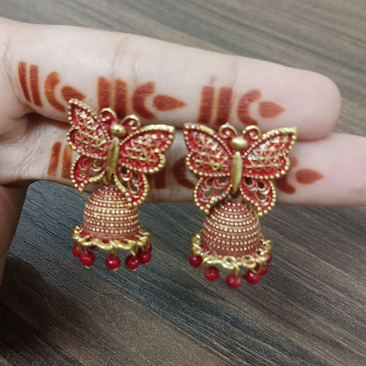 Oxidized Gold Butterfly Jhumka Earrings with Red Beads
