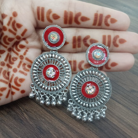 Oxidized Silver Ethnic Circle Earrings with Red Enamel & Ghungru Drops