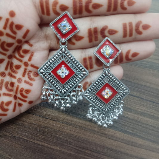 Elegant Red Oxidized Dangler Earrings – Geometric Statement Ethnic Jewelry for Women 2025