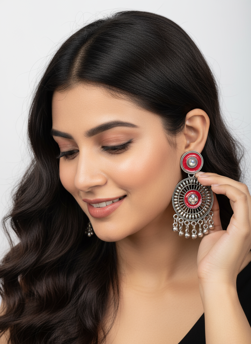 Oxidized Silver Ethnic Circle Earrings with Red Enamel & Ghungru Drops