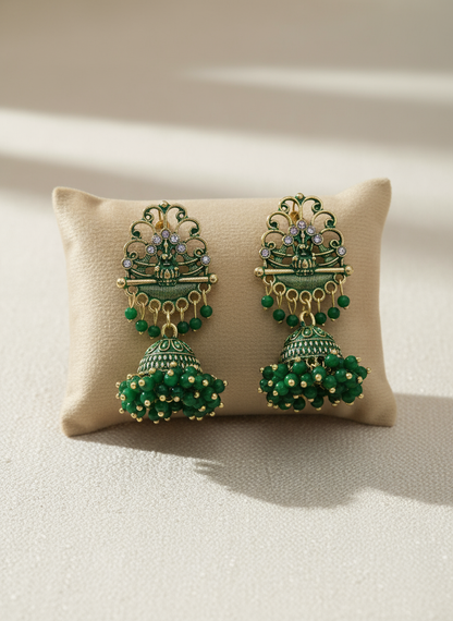 Oxidized Silver Jhumka Earrings – Grass Green, Laxmi Ji Motif