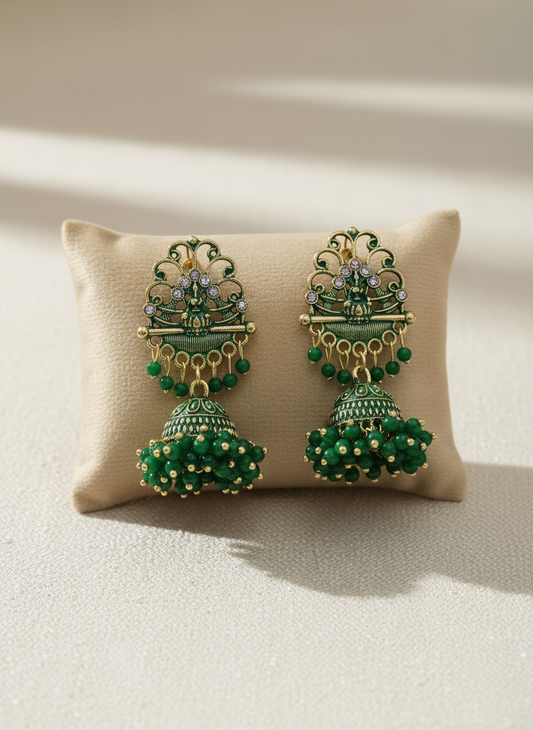 Oxidized Silver Jhumka Earrings – Grass Green, Laxmi Ji Motif