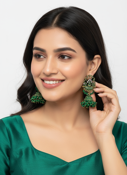 Oxidized Silver Jhumka Earrings – Grass Green, Laxmi Ji Motif