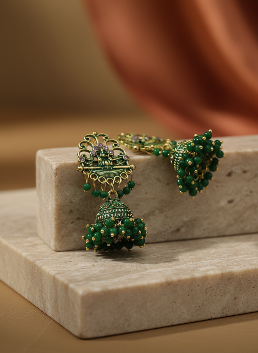 Oxidized Silver Jhumka Earrings – Grass Green, Laxmi Ji Motif