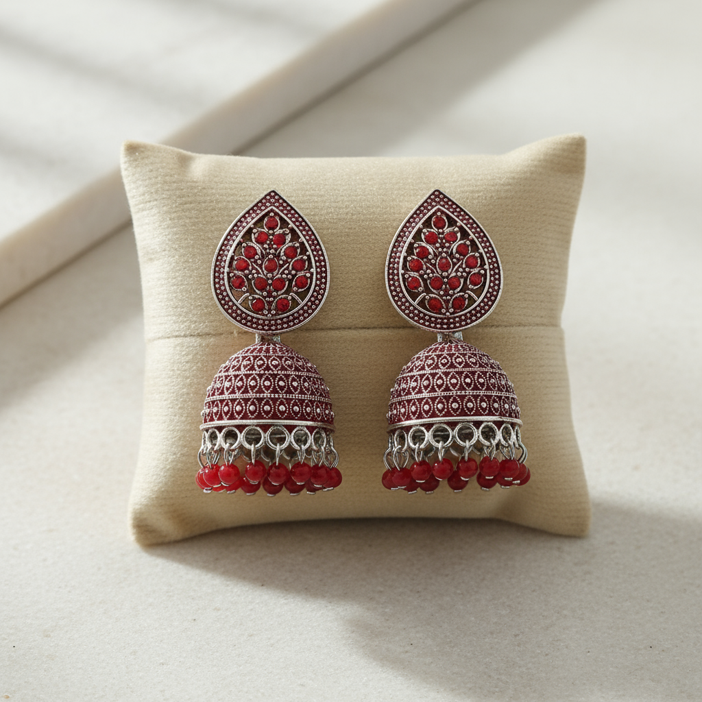 Oxidized Silver Jhumka Earrings with Red Bead and Diamond Embellishments