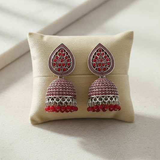 Oxidized Silver Jhumka Earrings with Red Bead and Diamond Embellishments