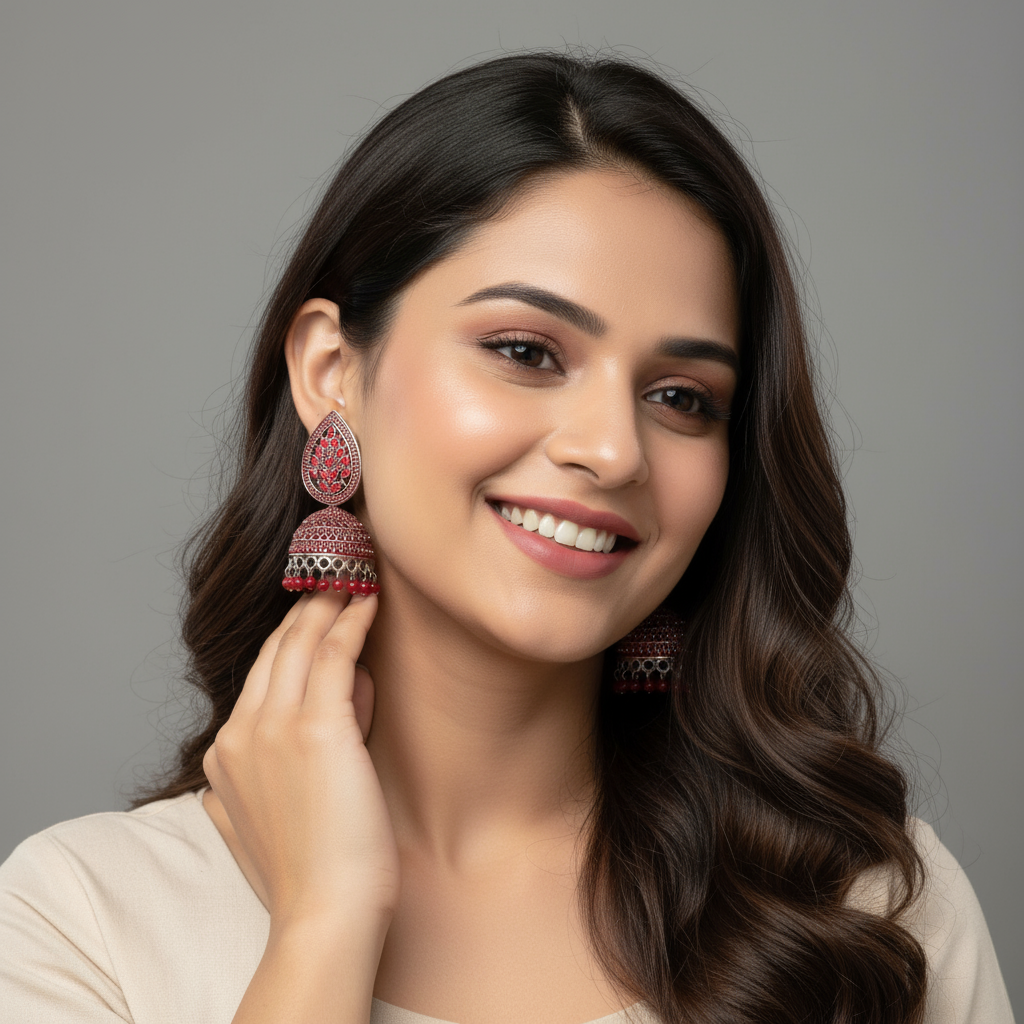 Oxidized Silver Jhumka Earrings with Red Bead and Diamond Embellishments