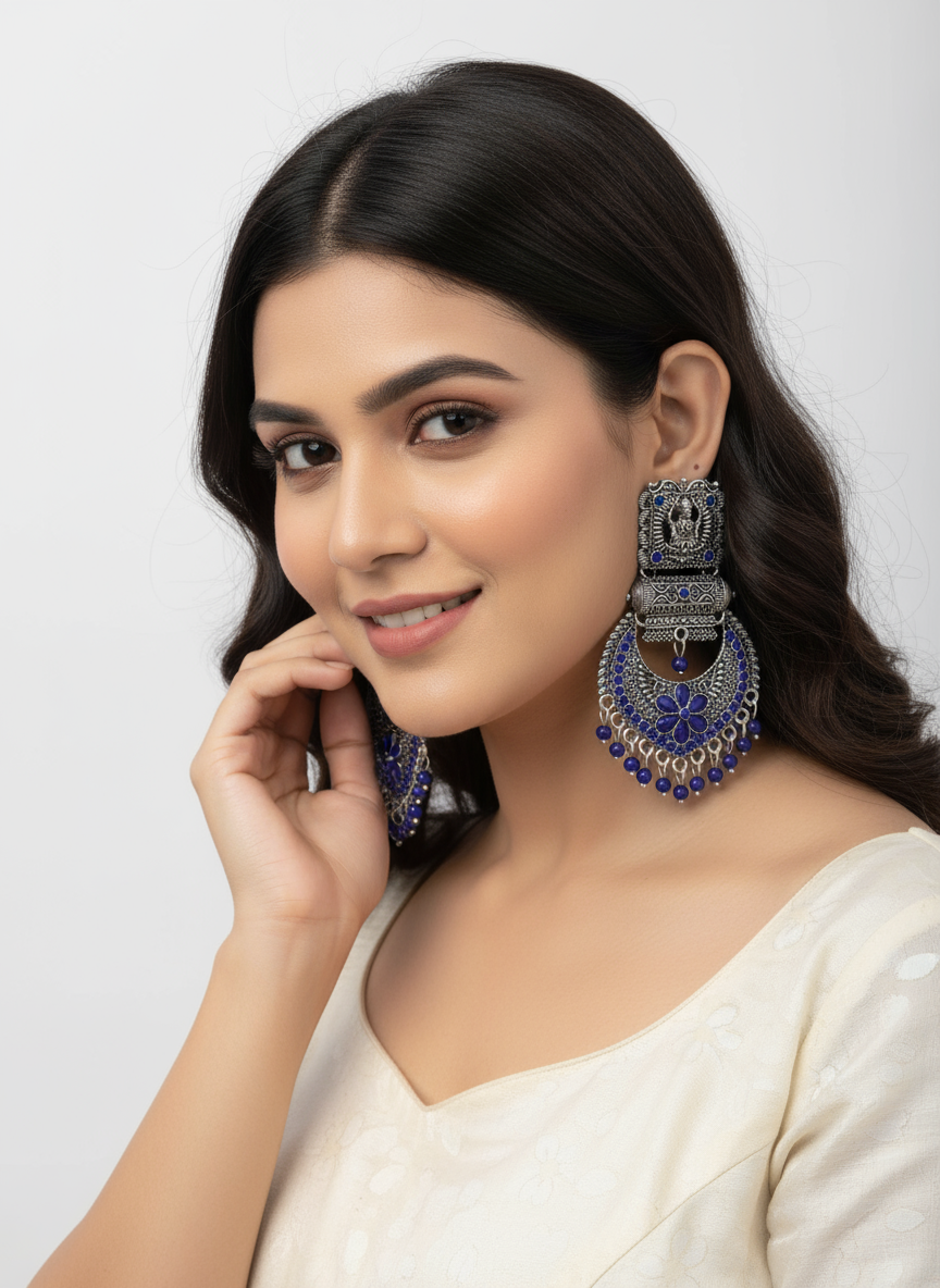 Oxidized Silver Jhumka Earrings – Sapphire Blue, Laxmi Ji Motif