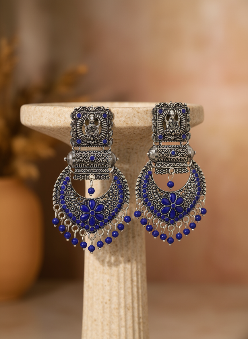 Oxidized Silver Jhumka Earrings – Sapphire Blue, Laxmi Ji Motif