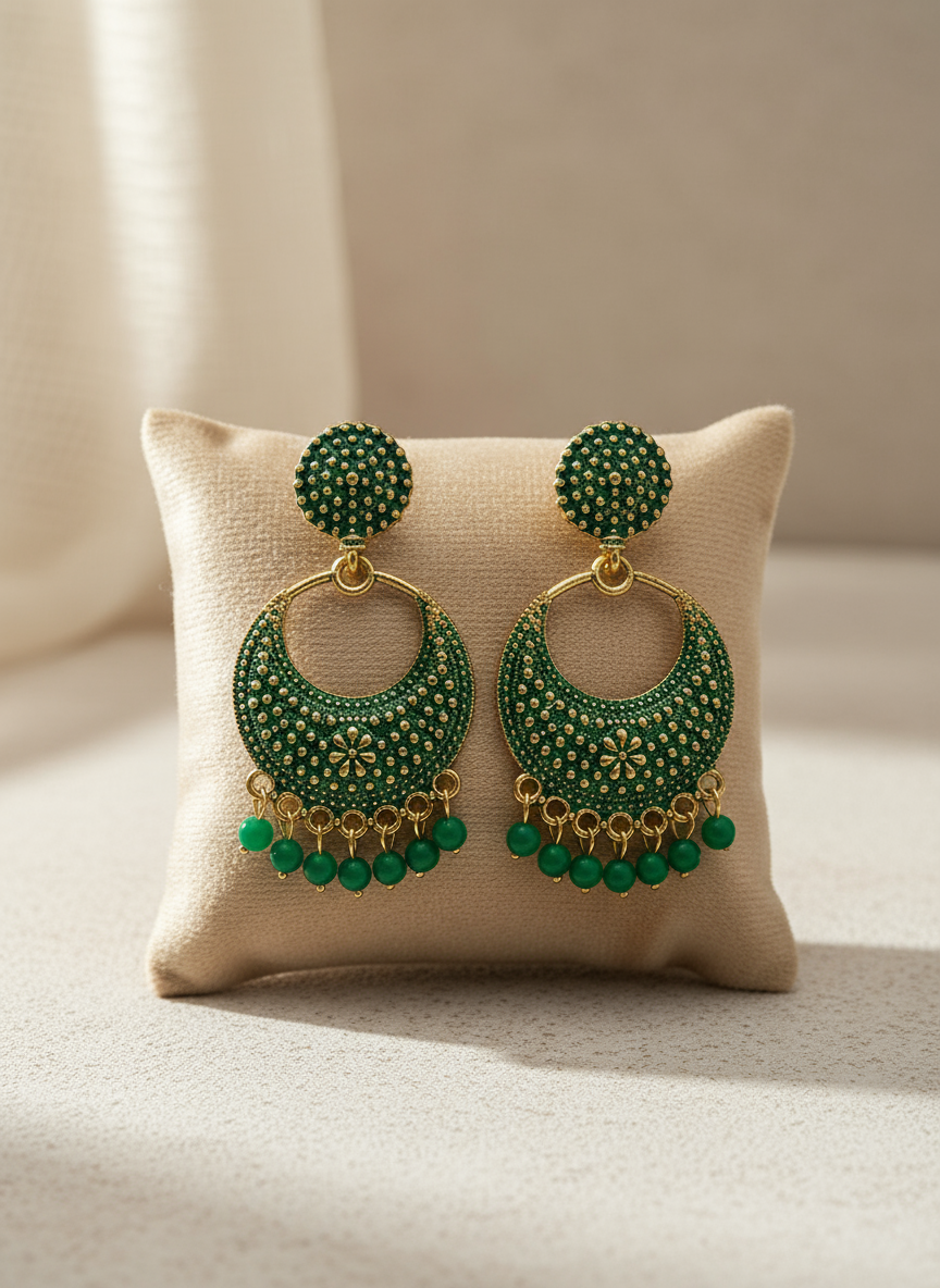 Grass Green & Gold Oxidized Crescent Chandbali Earrings – Elegant Ethnic Statement Jewelry for Women 2025