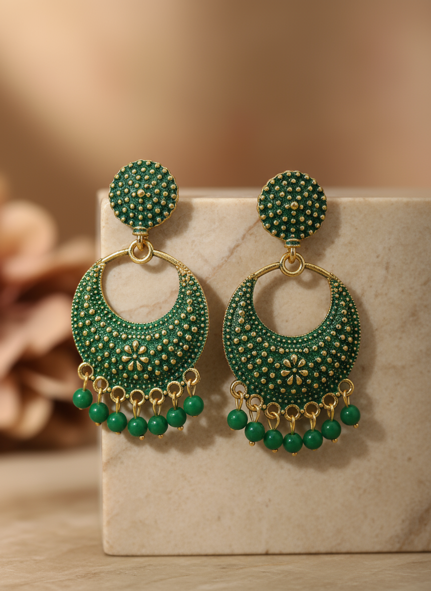 Grass Green & Gold Oxidized Crescent Chandbali Earrings – Elegant Ethnic Statement Jewelry for Women 2025