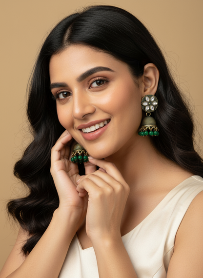 Antique Gold Jhumka Earrings – Emerald Green