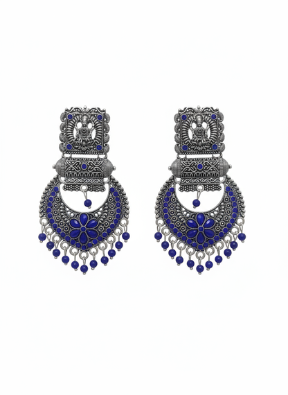 Oxidized Silver Jhumka Earrings – Sapphire Blue, Laxmi Ji Motif