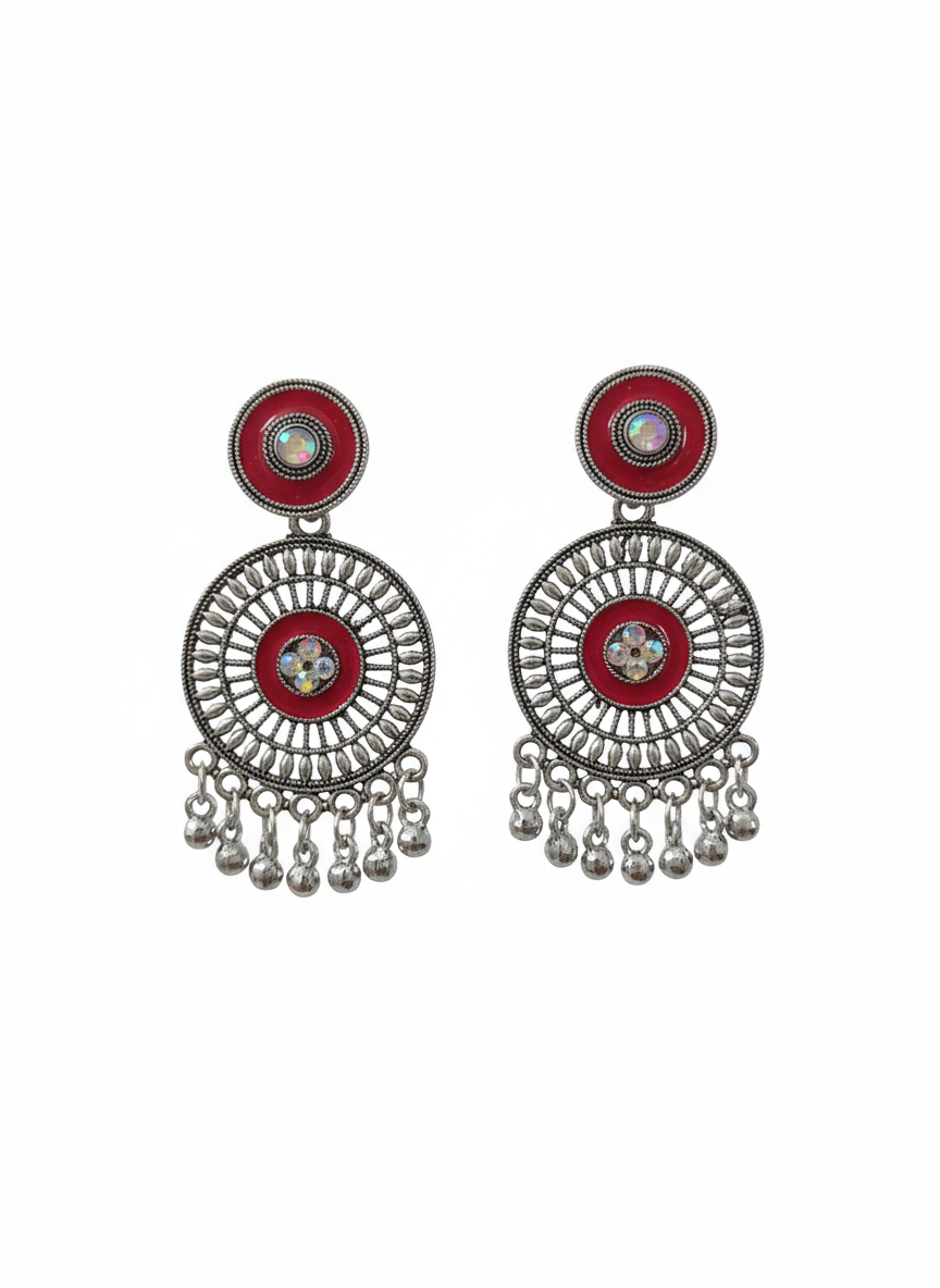 Oxidized Silver Ethnic Circle Earrings with Red Enamel & Ghungru Drops