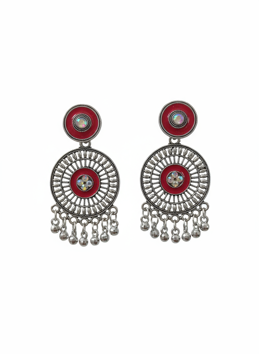 Oxidized Silver Ethnic Circle Earrings with Red Enamel & Ghungru Drops