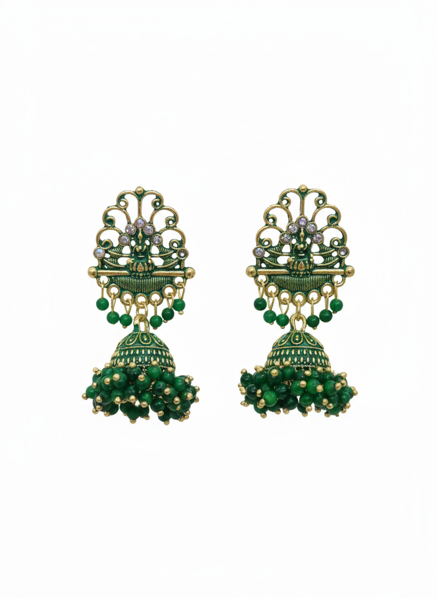 Oxidized Silver Jhumka Earrings – Grass Green, Laxmi Ji Motif