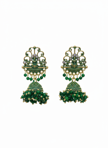 Oxidized Silver Jhumka Earrings – Grass Green, Laxmi Ji Motif