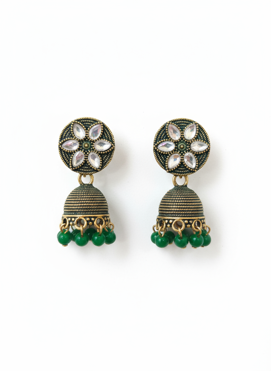 Antique Gold Jhumka Earrings – Emerald Green
