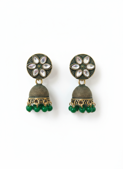 Antique Gold Jhumka Earrings – Emerald Green