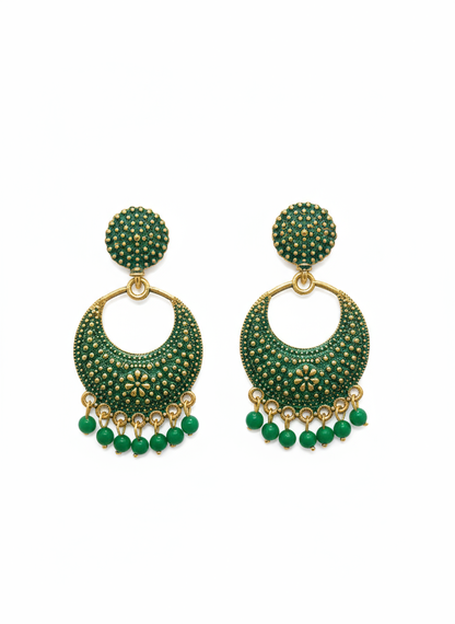 Grass Green & Gold Oxidized Crescent Chandbali Earrings – Elegant Ethnic Statement Jewelry for Women 2025